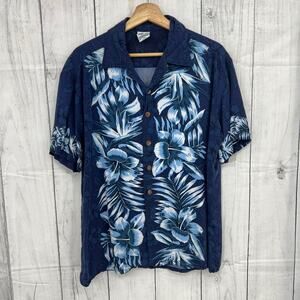 Vintage 90s Kennington Blue Hibiscus Hawaiian Aloha Dad Shirt Rayon Men's Large